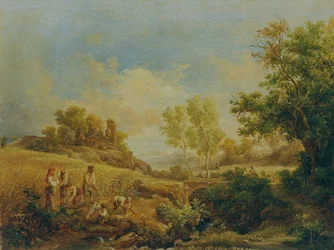 Landschaft mit Heuernte