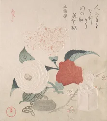Kamelienblüten, ein Netsuke und ein Siegel, 19. Jahrhundert