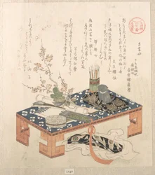 „Schreibtisch mit Schreibzeug und Pflaumenblüten“ aus der Serie „Ise-Kalender für die Asakusa-Gruppe“ (Asakusa-gawa Ise goyomi). Aus der Sammlung „Frühlingsregen“ (Harusame shū), Bd. 2
