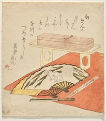 Fächerbemalung von Hase und Mond, auf einer roten Filzdecke