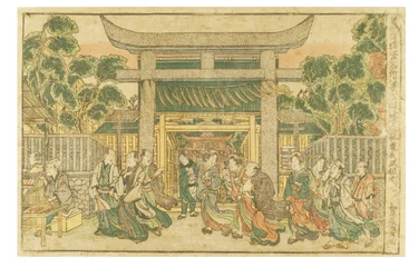 Schönes Wetter am Hachiman-Schrein am Fukagawa-Fluss aus der Serie Neu veröffentlichte Perspektivansichten. Die acht berühmten Ansichten von Edo