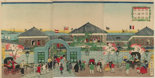 Bild des Wohlstands der Handelsbetriebe entlang Nakadouri in Yokohama, Meiji-Ära, 1870