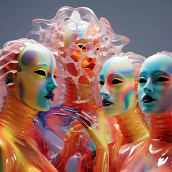 6 Frauen mit 3D parametrischen fluoreszierenden Plastikmasken in einer surrealen und parametrischen Zukunftsarchitektur