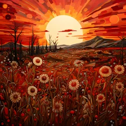 Abstrakte Landschaftskunst mit einem Feld von Wildblumen und einer kräftigen roten Sonne 3