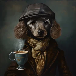 Ein kultivierter Pudel trinkt eine Tasse Tee, trägt einen Rollkragen und eine flache Mütze, rauchiger Hintergrund 1