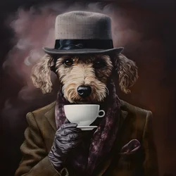 Ein kultivierter Pudel trinkt eine Tasse Tee, trägt einen Rollkragen und eine flache Mütze, rauchiger Hintergrund 3