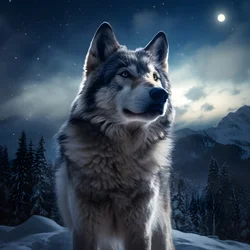 Ein majestätischer grauer Wolf steht auf einem schneebedeckten Berggipfel 2