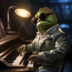 Elton John als Frosch mit Sonnenbrille und Klavier