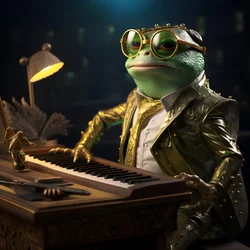 Elton John als Frosch mit Sonnenbrille und Klavier