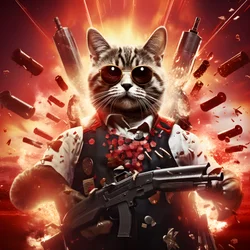 Filmplakat einer Katze, die ein schwarz-weiß gepunktetes Hemd und eine glänzende Sonnenbrille trägt, mit Explosionen und Kanonen im Hintergrund