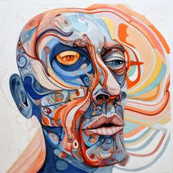 Gesicht, Spirale für die Augen und ein Vogel für die Nase