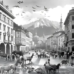 Innsbruck in einer alten Fotografie mit eleganten Zebras, Möwen, Affen und Tonfiguren. 2