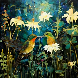 Kolibris und ein Frosch im Wald