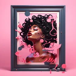 Schwarze Frau in einem rosafarbenen Holzrahmen, die verkündet, dass sie stark ist