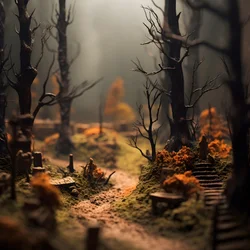Miniatur-Tilt-Shift-Halloween-Wald mit nebligen Bäumen und einer gespenstischen Atmosphäre 3