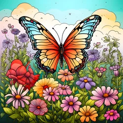 Schmetterling auf einer Wiese mit einem Spalier aus Blumen 1