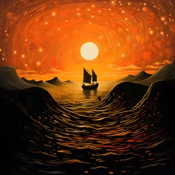 Sonnenuntergang, orange-gelbe Sonne, Wolken, fünf rotierende Kreise von Wolken in einem großen Himmel, punktförmige Wellen und orange-gelbe Sonnenuntergangswolken, die sich auf den Wellen spiegeln, ein Boot fährt aufs Meer hinaus 2