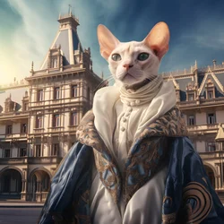 Sphynx-Katze im Ballkleid vor dem Hintergrund eines prächtigen Palastes im mittelalterlichen Stil