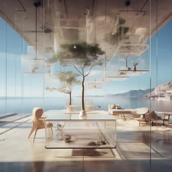 Transparentes Gebäude mit Insel-Tisch in der Mitte