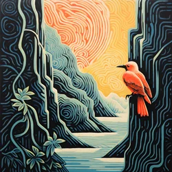 Ultra-minimalistische Illustration eines bunten tropischen Vogels, der auf einer verzweigten Pflanze vor einem Gebirgsbach mit einem schönen Wasserfall sitzt