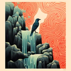 Ultra-minimalistische Illustration eines bunten tropischen Vogels, der auf einer verzweigten Pflanze vor einem Gebirgsbach mit einem schönen Wasserfall sitzt