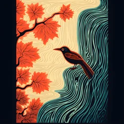 Ultra-minimalistische Illustration eines bunten tropischen Vogels, der auf einer verzweigten Pflanze vor einem Gebirgsbach mit einem schönen Wasserfall sitzt