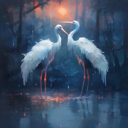 Wunderschönes, prächtiges, filmisches Gemälde, zwei Kraniche küssen sich im Regen 2