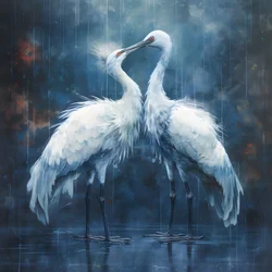 Wunderschönes, prächtiges, filmisches Gemälde, zwei Kraniche küssen sich im Regen 3