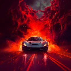 Ein Luxusauto fährt einen Weg entlang mit leuchtendem Rot im Hintergrund