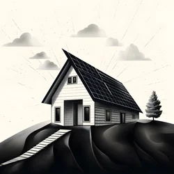 Illustration eines Hauses mit Solarpanelen, mit einem großen Pfeil dahinter, der nach rechts und oben zeigt