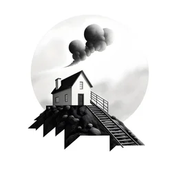 Illustration eines Hauses mit Solarpanelen, mit einem großen Pfeil dahinter, der nach rechts und oben zeigt