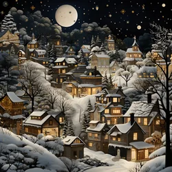 Ein Dorf bei Nacht unter verschneiten Bäumen