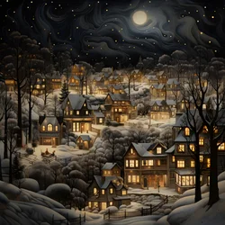 Ein Dorf bei Nacht unter verschneiten Bäumen