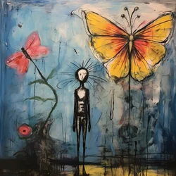 Ein originales Aquarell eines Engels, der einen Schmetterling hält