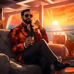 Ein reicher Mann, gut gekleidet, sitzt auf einem privaten Kreuzfahrtschiff und trinkt einen Cocktail 3