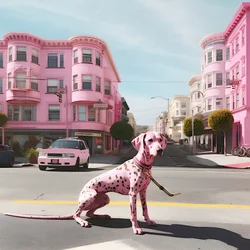 Ein rosa Hund mitten in der Stadt San Francisco