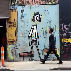 Eine gemalte Figur wird lebendig, als sie eine Straße in New York entlangläuft, surreales Foto