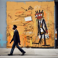 Eine gemalte Figur wird lebendig, als sie eine Straße in New York entlangläuft, surreales Foto