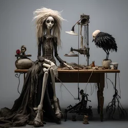 Eine große Puppe auf einem Tisch mit einem Skelett darauf