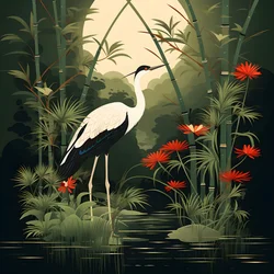 Eine schöne japanische Illustration eines Kranichs und Bambus 1