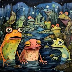 ganzseitige Aquarell- und Tuschemalerei von Fröschen
