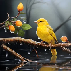 Gelber Vogel auf einem Ast im Wasser