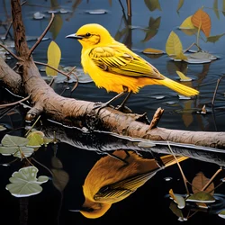 Gelber Vogel auf einem Ast im Wasser