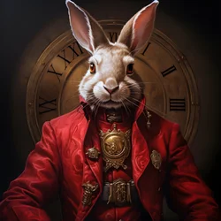 Männlicher anthropomorpher kybernetischer Uhrenpunk-Androidenhase, in rotem Gehrock 3