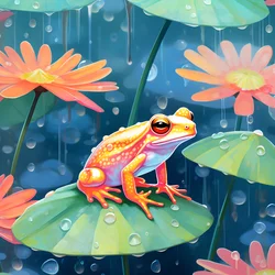 nahtloses Muster eines Gemäldes von hübschen orange und gelb Cartoon Fröschen sitzen auf den Lilien Laub auf dem Wasser regen aus Aquarell