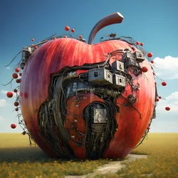 Riesiger Apfel auf einem Feld mit Fenstern