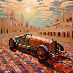 Elegantes minimalistisches Meisterwerk im künstlerischen Stil zum Gedenken an den Grand Prix von Monaco 1940, historische Rennwagen, die gegeneinander antreten