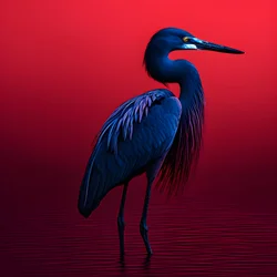 Synthwave digitale Kunst eines exotischen kobaltblauen Reihers auf rotem Papier