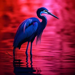 Synthwave digitale Kunst eines exotischen kobaltblauen Reihers auf rotem Papier