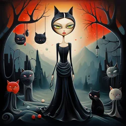 Verrückte Katzenfrau im Kleid